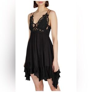 Free People Women’s Adella Slip Dress Black Viscose Cotton Open Shoulder Size M